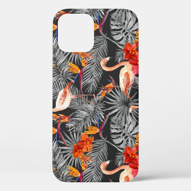 Coques Case-Mate iPhone Flamant rose et fleurs, motif monochrome. (Verso)