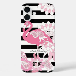 Coque Pour iPhone 16 Plus Flamant Rose Fantaisiste Rayé Noir et Blanc