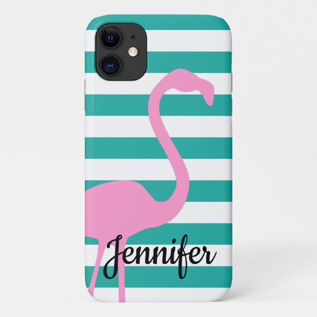 Coques Case-Mate iPhone Flamant Rose Personnalisé Rayure Blanche Turquoise (Dos)