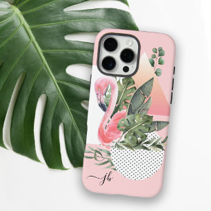 Coque iPhone 16 Pro Max Flamant rose tropical féminin avec Monogramme