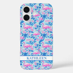 Coque Pour iPhone 16 Flamants avec fleurs roses monogrammées