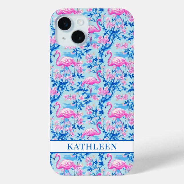 Coques Case-Mate iPhone Flamants avec fleurs roses monogrammées (Verso)