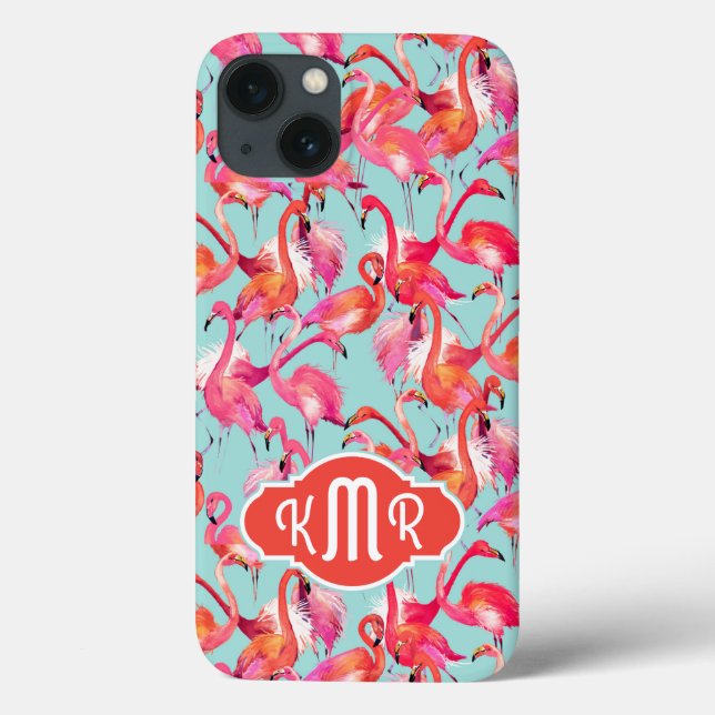 Coques Case-Mate iPhone Flamants roses aquarelle rassemblés | Monogramme (Verso)