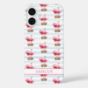 Coque Pour iPhone 16 Flamants roses avec des fleurs sur des rayures à l