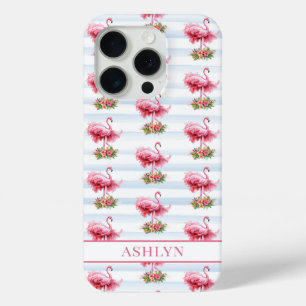 Coque Case-Mate iPhone Flamants roses avec des fleurs sur des rayures à l