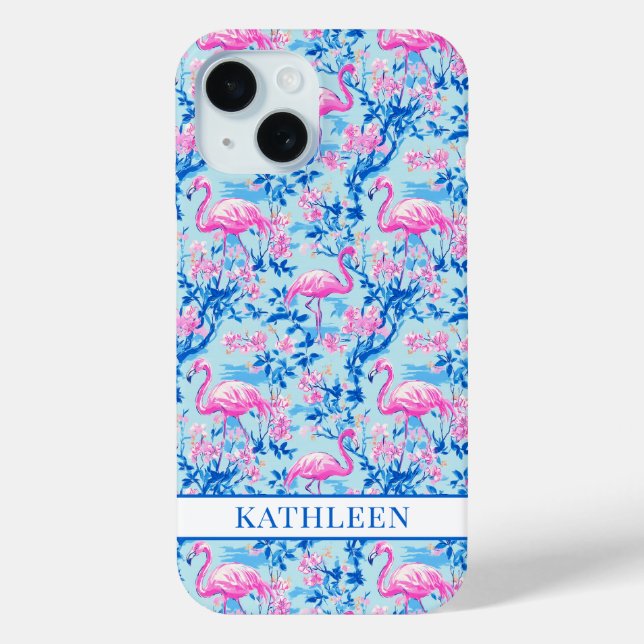 Coques Case-Mate iPhone Flamants roses avec fleurs roses monogrammées (Verso)