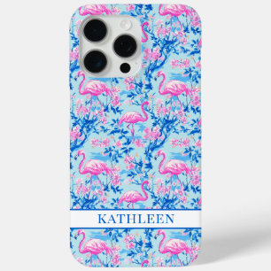 Coque Case-Mate iPhone Flamants roses avec fleurs roses monogrammées