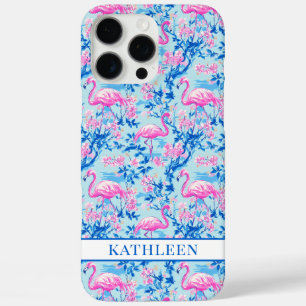 Coque iPhone 16 Pro Max Flamants roses avec fleurs roses monogrammées