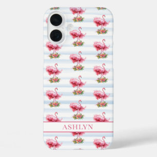 Coque Pour iPhone 16 Plus Flamants roses avec fleurs sur rayures à l'aquarel