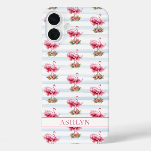 Coques Case-Mate iPhone Flamants roses avec fleurs sur rayures à l'aquarel (Verso)