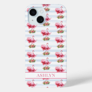Coque Case-Mate iPhone Flamants roses avec fleurs sur rayures à l'aquarel