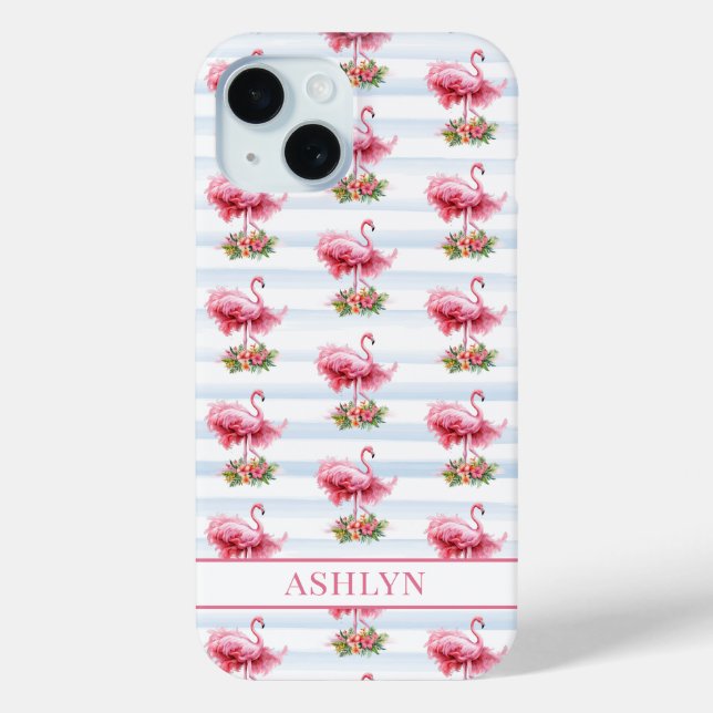 Coques Case-Mate iPhone Flamants roses avec fleurs sur rayures à l'aquarel (Verso)