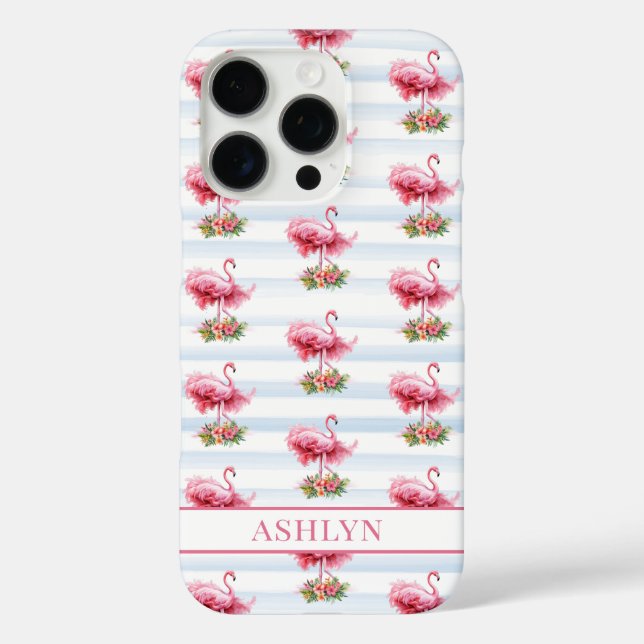 Coques Case-Mate iPhone Flamants roses avec fleurs sur rayures à l'aquarel (Verso)