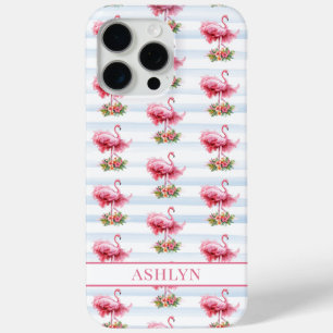 Coque Case-Mate iPhone Flamants roses avec fleurs sur rayures à l'aquarel