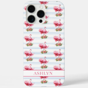Coque iPhone 16 Pro Max Flamants roses avec fleurs sur rayures à l'aquarel