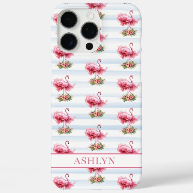 Coques Case-Mate iPhone Flamants roses avec fleurs sur rayures à l'aquarel (Verso)