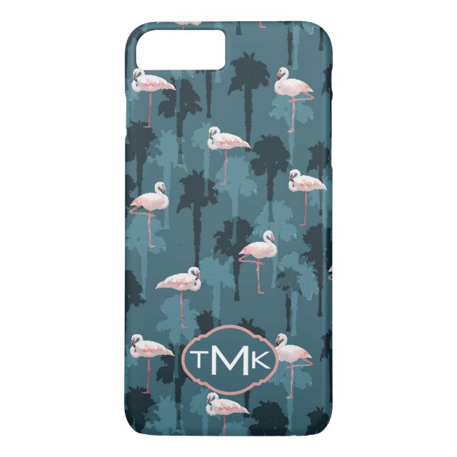 Coques Case-Mate iPhone Flamants roses en pastel sur le monogramme de Teal (Dos)