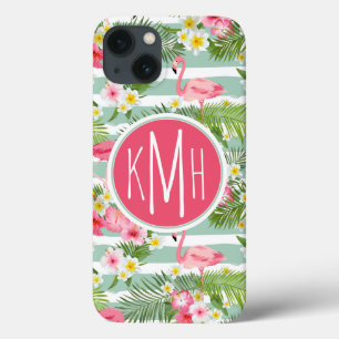 iPhone 13 Case Flamants roses Et Rayures Monogramme