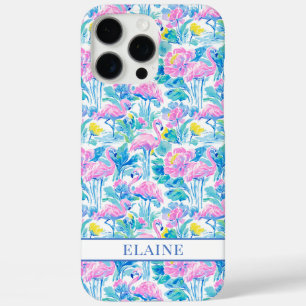 Coque iPhone 16 Pro Max Flamants roses monogrammes aquarelle