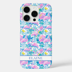 Coque iPhone 16 Pro Flamants roses monogrammes aquarelle