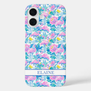 Coque Pour iPhone 16 Flamants roses monogrammes aquarelle