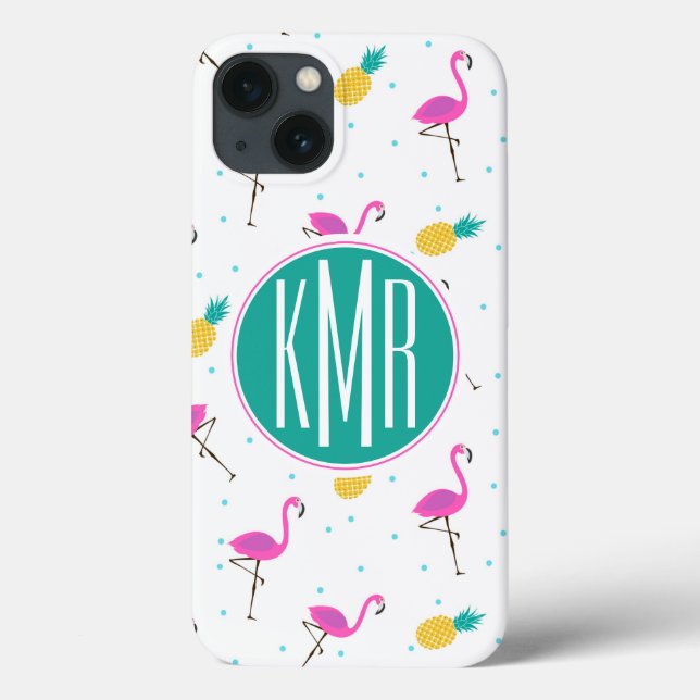 Coques Case-Mate iPhone Flamants roses néon | Monogramme (Verso)