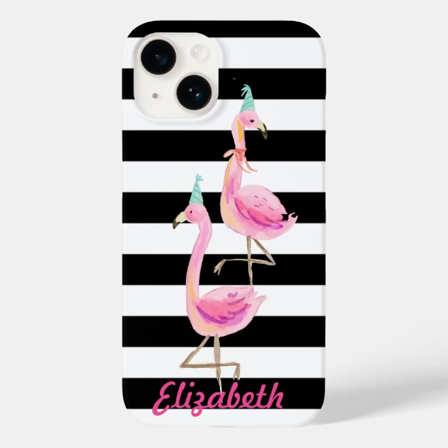 Coques Case-Mate iPhone Flamants roses, rayures noires et blanches (Verso)