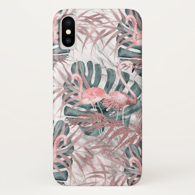 Coques Case-Mate iPhone Flamants Roses Tropicaux Feuilles et Marbre Or Ros (Dos)