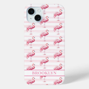 Coque Case-Mate iPhone Flamants sur rayures à l'aquarelle monogrammées