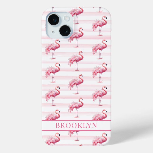 Coques Case-Mate iPhone Flamants sur rayures à l'aquarelle monogrammées (Verso)