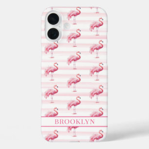 Coque Pour iPhone 16 Plus Flamants sur rayures à l'aquarelle monogrammées