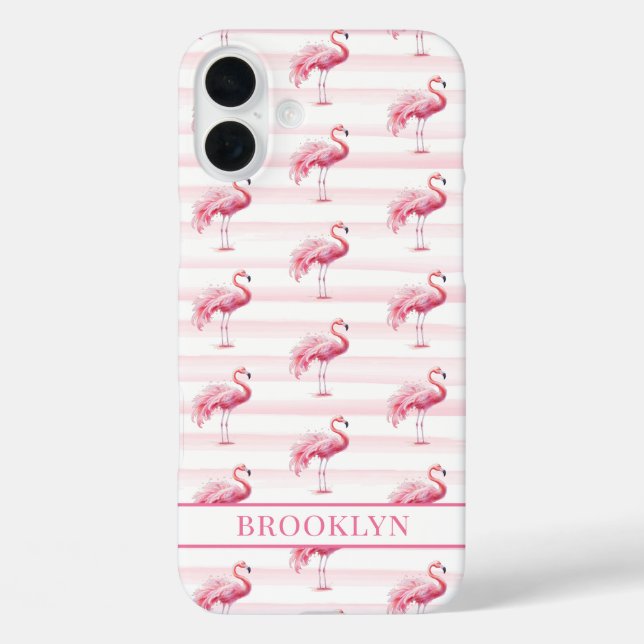 Coques Case-Mate iPhone Flamants sur rayures à l'aquarelle monogrammées (Verso)