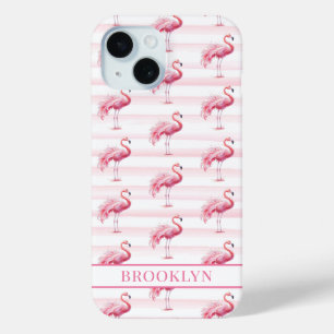 Coque Case-Mate iPhone Flamants sur rayures à l'aquarelle monogrammées