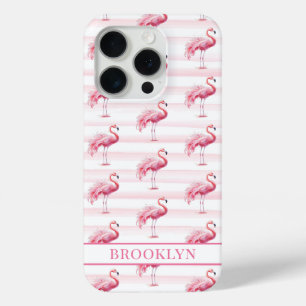 Coque Case-Mate iPhone Flamants sur rayures à l'aquarelle monogrammées