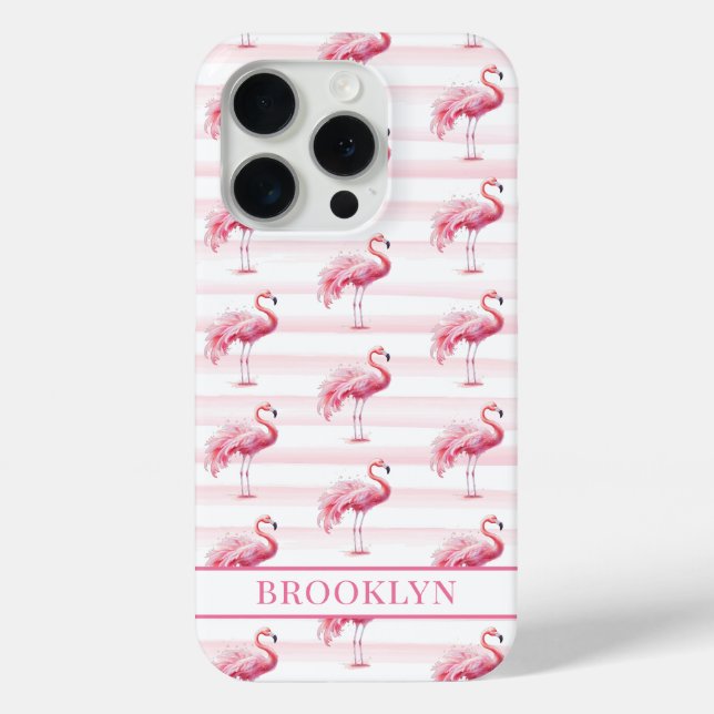 Coques Case-Mate iPhone Flamants sur rayures à l'aquarelle monogrammées (Verso)