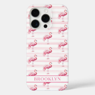 Coque iPhone 16 Pro Flamants sur rayures à l'aquarelle monogrammées
