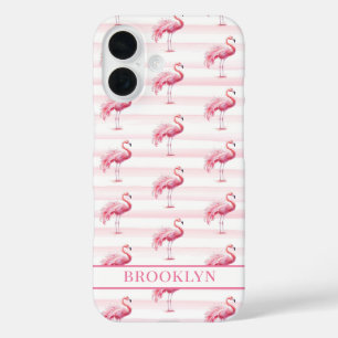 Coque Pour iPhone 16 Flamants sur rayures à l'aquarelle monogrammées