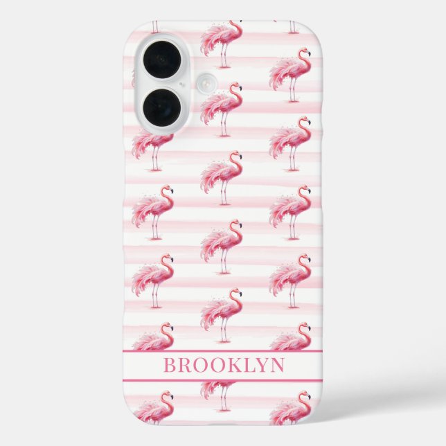 Coques Case-Mate iPhone Flamants sur rayures à l'aquarelle monogrammées (Verso)