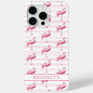 Coque Case-Mate iPhone Flamants sur rayures à l'aquarelle monogrammées