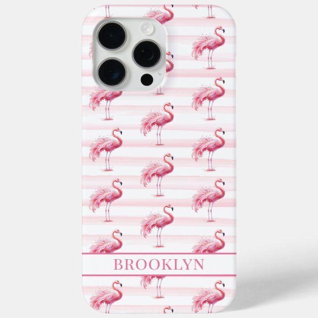 Coques Case-Mate iPhone Flamants sur rayures à l'aquarelle monogrammées (Verso)