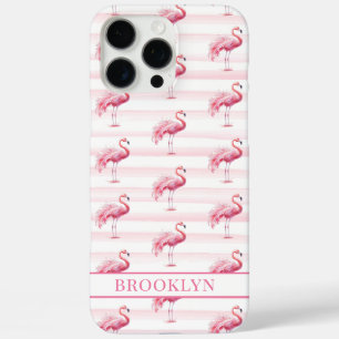 Coque iPhone 16 Pro Max Flamants sur rayures à l'aquarelle monogrammées