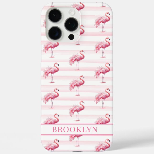 Coques Case-Mate iPhone Flamants sur rayures à l'aquarelle monogrammées (Verso)