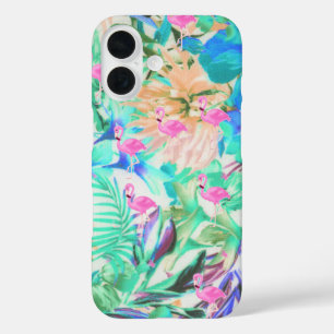 Coque Pour iPhone 16 Flamingo floral tropical sarcelle moderne rose
