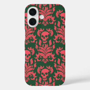Coque Pour iPhone 16 Flamme crâne Damas en s'affrontant rose sur vert f
