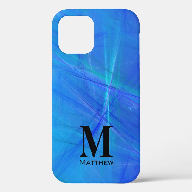 Coques Case-Mate iPhone Flamme fractale bleue abstraite Monogramme noir (Verso)
