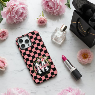Coque iPhone 16 Pro Max Fleur À damiers noir et ROSE monogramme
