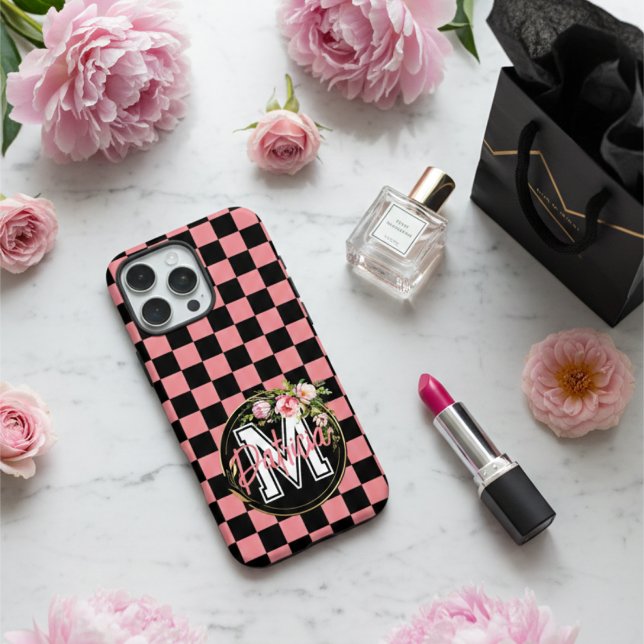 Coques Case-Mate iPhone Fleur À damiers noir et ROSE monogramme (Créateur téléchargé)