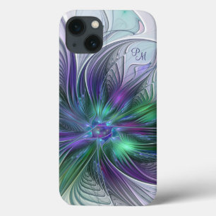 Coque Case-Mate iPhone Fleur Abstraite de Monogramme Fractal Art en Viole