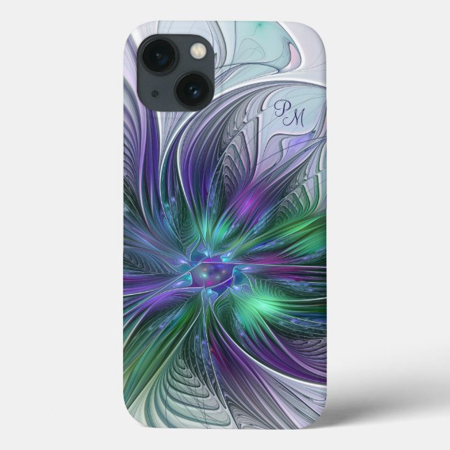 Coques Case-Mate iPhone Fleur Abstraite de Monogramme Fractal Art en Viole (Verso)