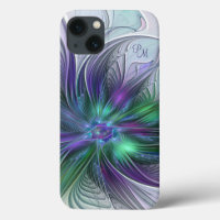 Fleur abstraite fractale violette verte Initiales